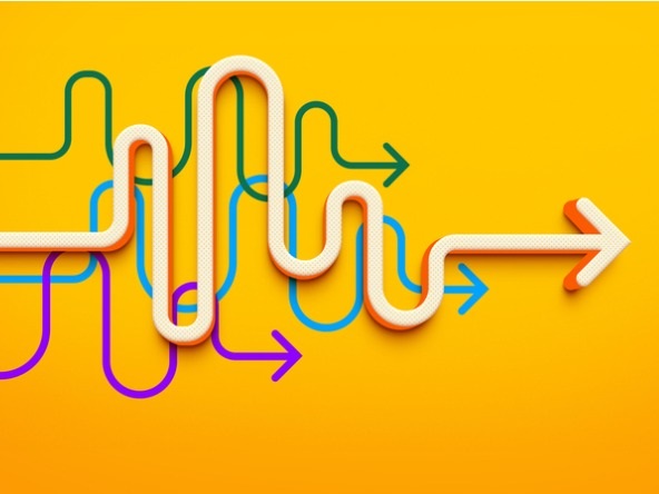 yellow background with colourful squiggly arrows pointing in the same direction